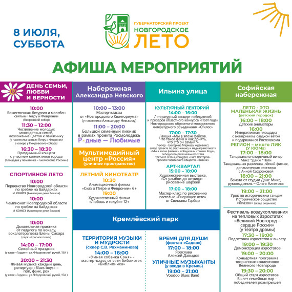 Афиша фестиваля «Новгородское лето» с 7 по 9 июля.