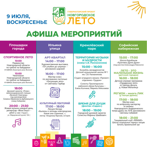 Афиша фестиваля «Новгородское лето» с 7 по 9 июля.
