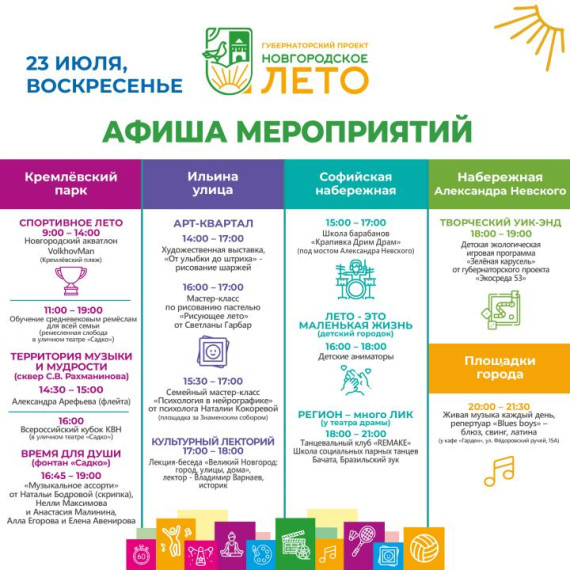 Афиша фестиваля «Новгородское лето» с 21 по 23 июля.