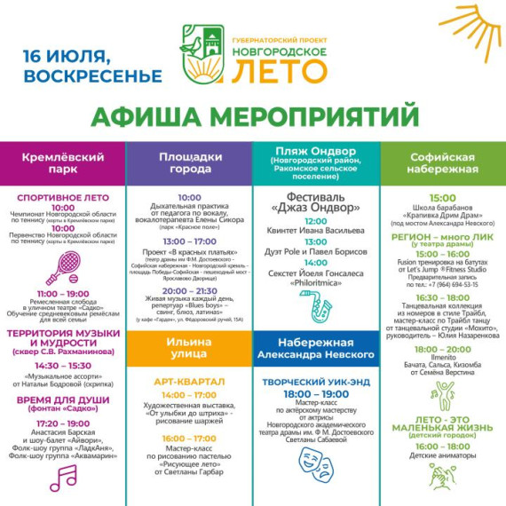 Афиша фестиваля «Новгородское лето» с 14 по 16 июля.