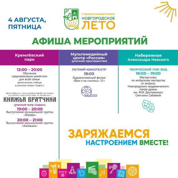 Афиша событий фестиваля «Новгородское лето» с 4 по 6 августа.