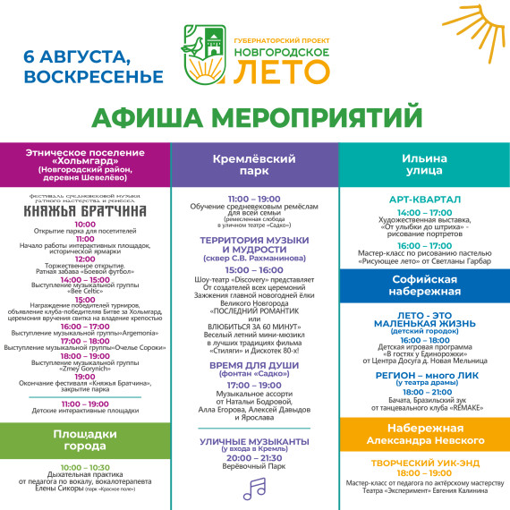 Афиша событий фестиваля «Новгородское лето» с 4 по 6 августа.