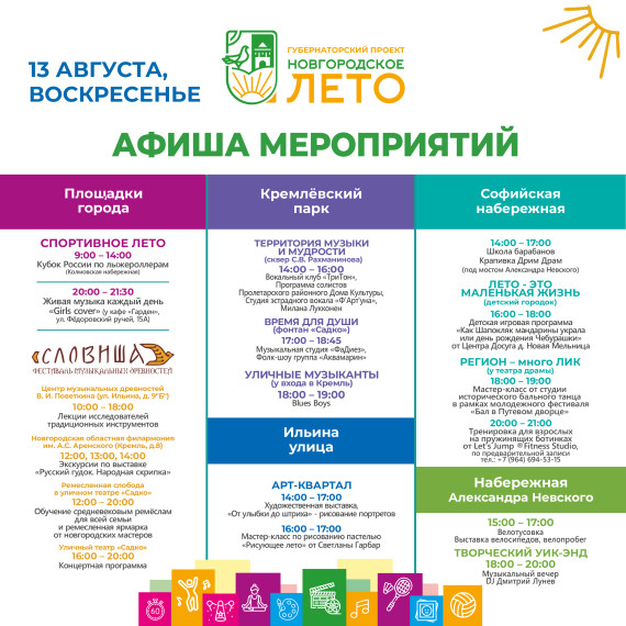 Афиша уличного фестиваля «Новгородское лето» с 11 по 13 августа.