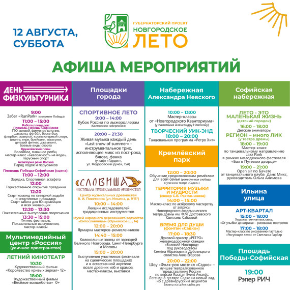 Афиша уличного фестиваля «Новгородское лето» с 11 по 13 августа.